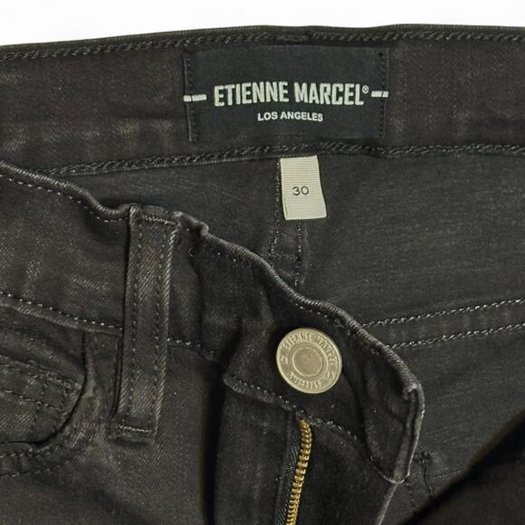 Etienne Marcel Black Jeans Sz 30 Mid Rise Side Stripe Zip Distressed Hem EM1051 - Picture 4 of 14